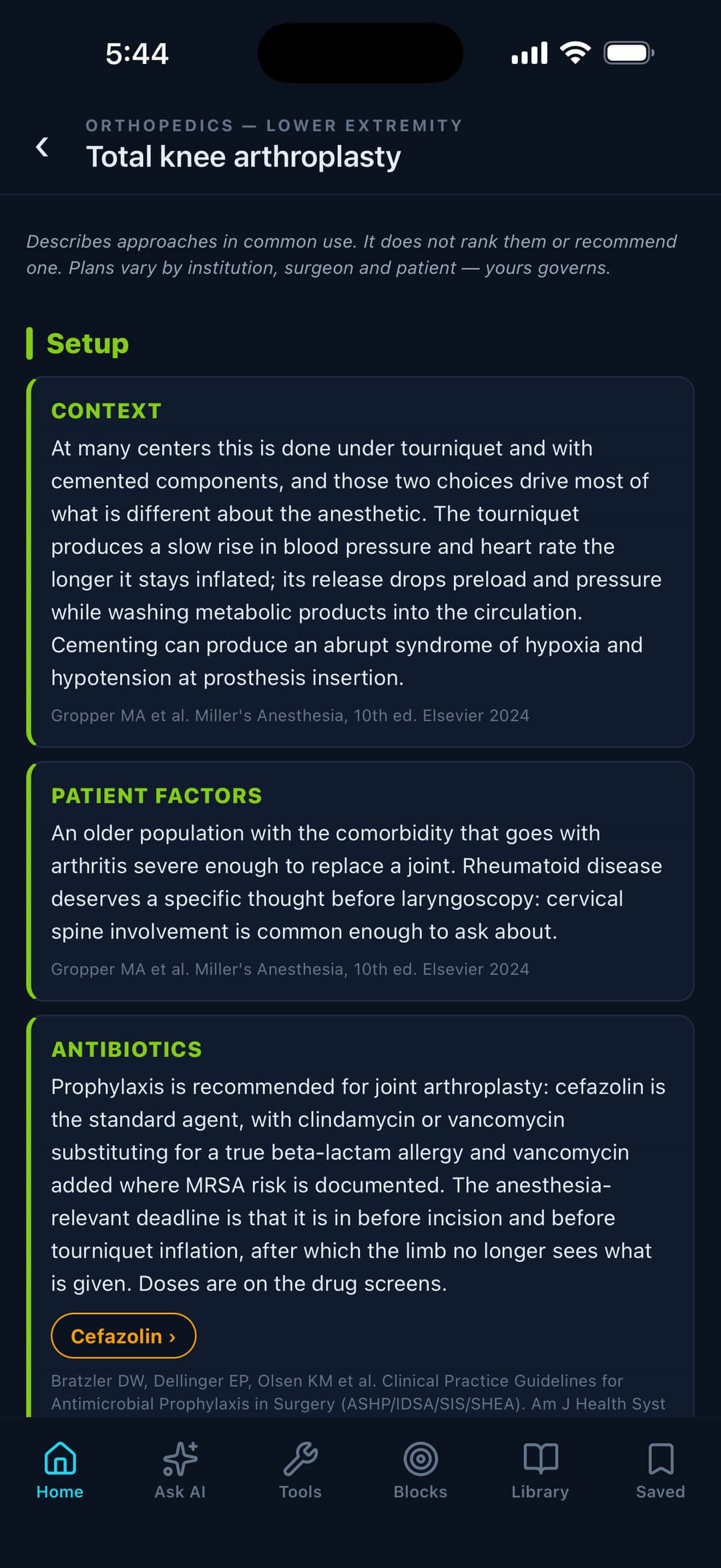 Total knee arthroplasty case — surgical context, patient factors and antibiotic prophylaxis, each paragraph cited to Miller's Anesthesia 10th ed. or the ASHP/IDSA/SIS/SHEA prophylaxis guideline