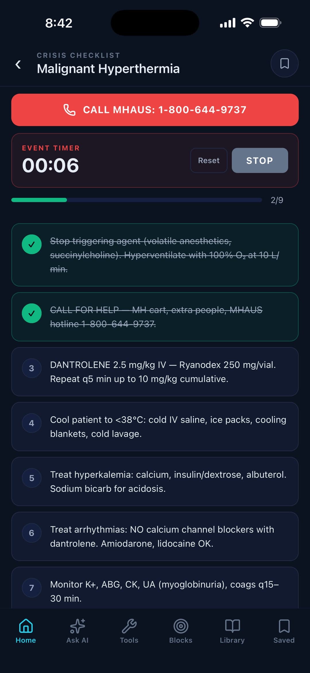 Malignant Hyperthermia crisis checklist with event timer running