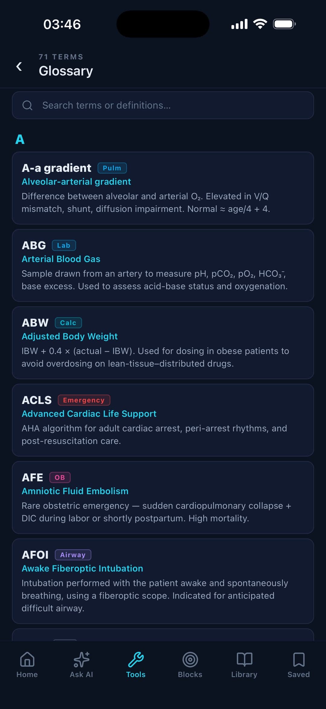 Searchable glossary of anesthesia abbreviations