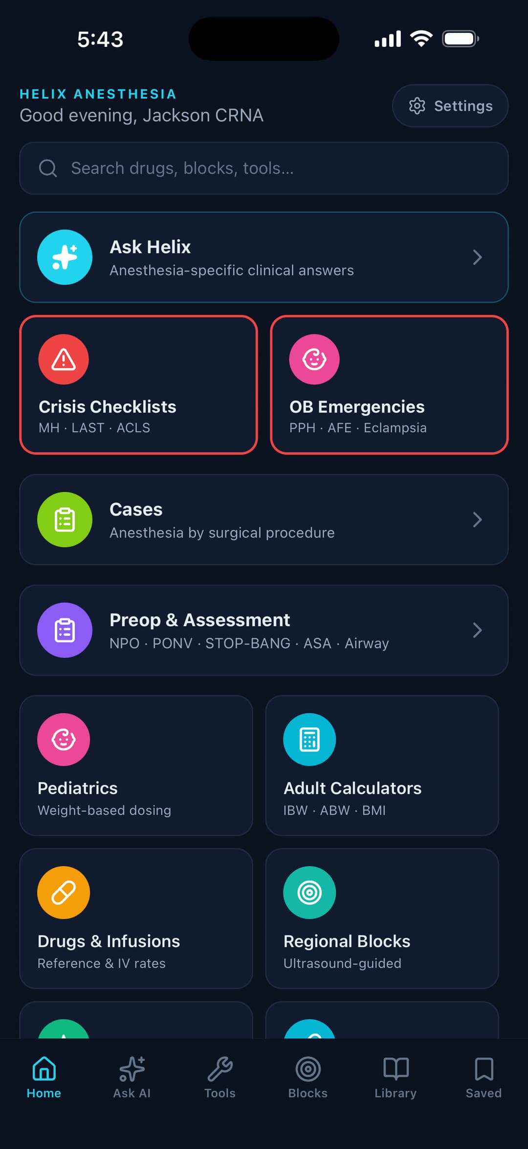 Helix Anesthesia home screen