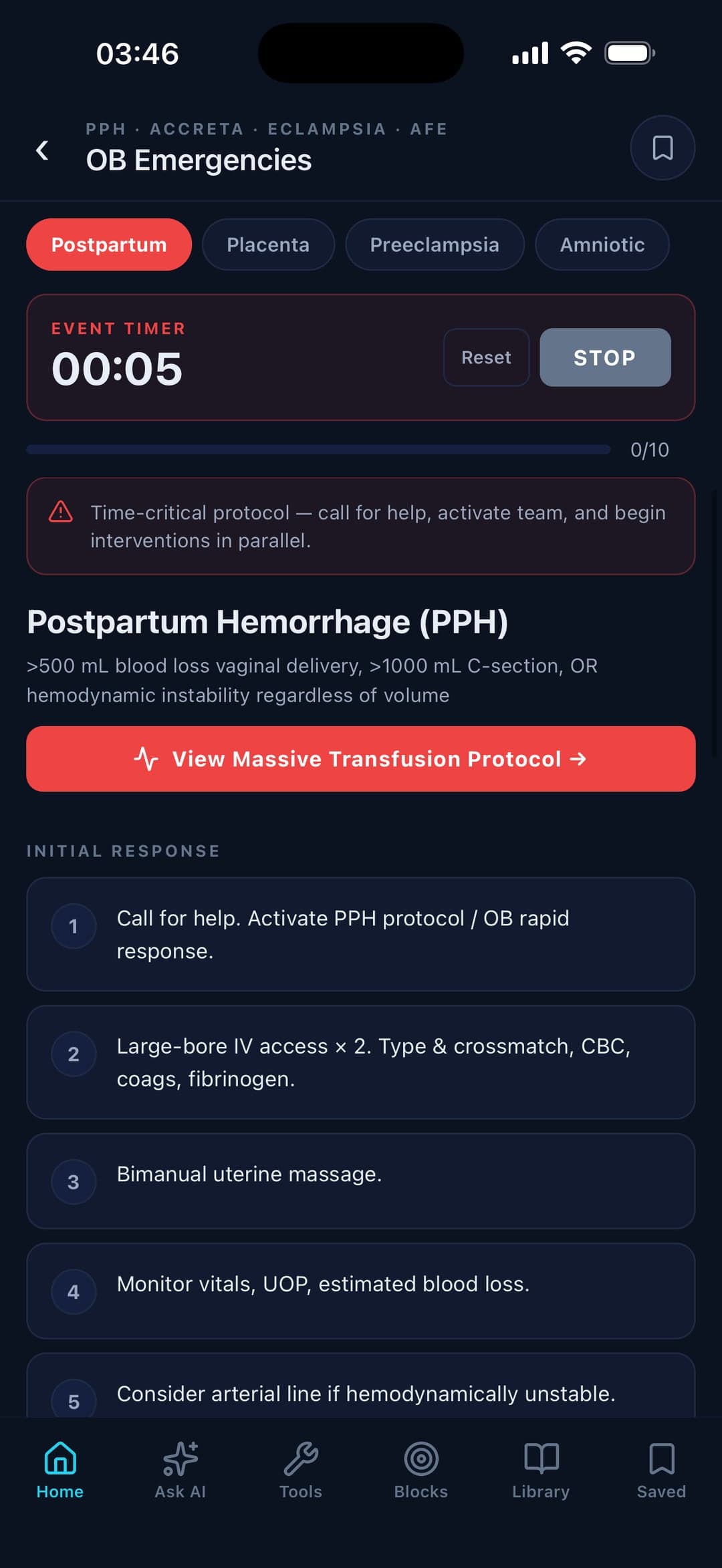 Postpartum hemorrhage protocol with causes, initial response, and uterotonics ladder