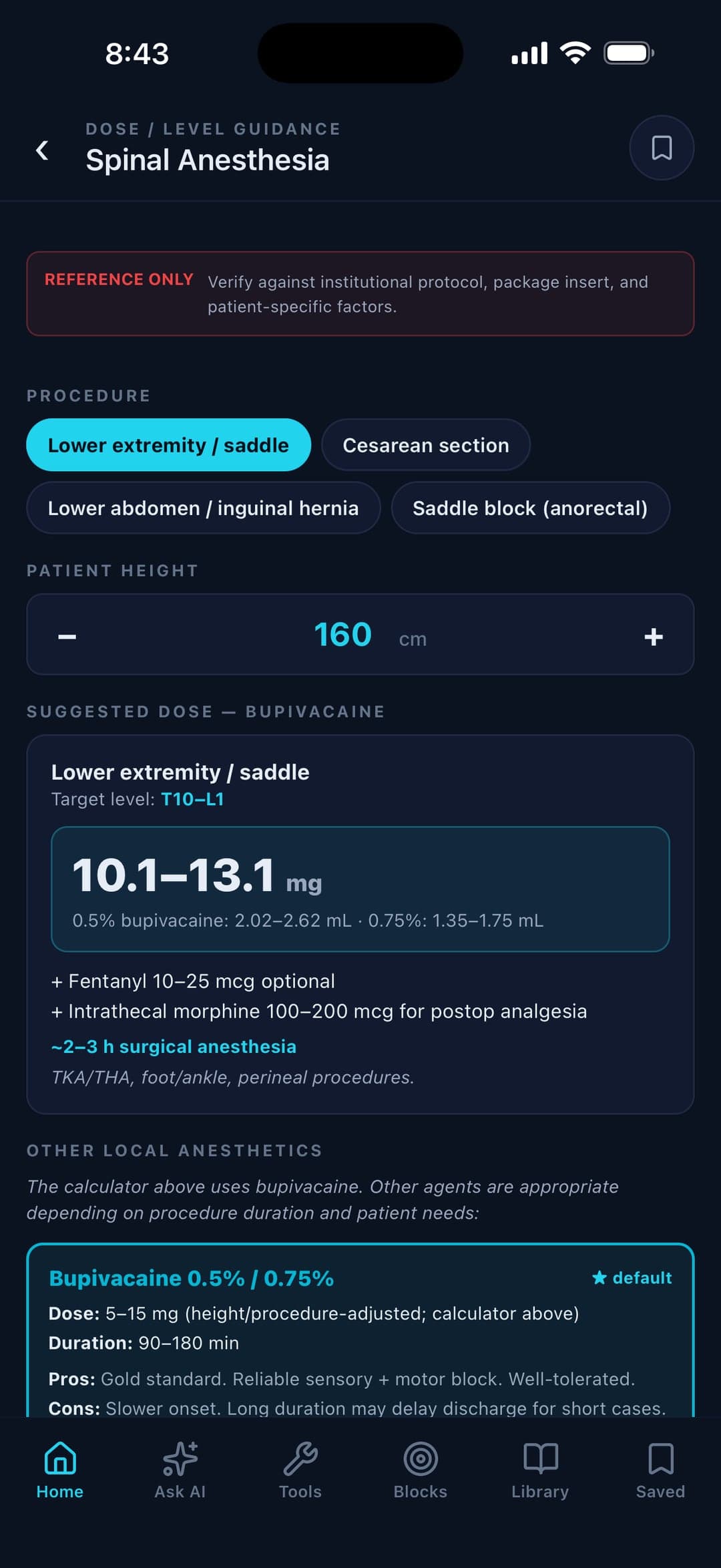 Spinal anesthesia dose calculator — height-adjusted bupivacaine for lower-extremity surgery