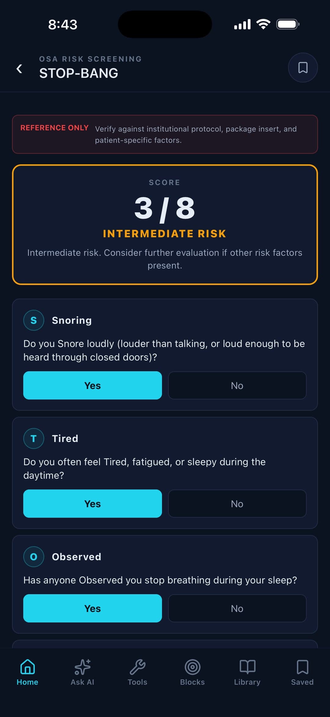 STOP-BANG OSA risk score showing 3 of 8 — intermediate risk